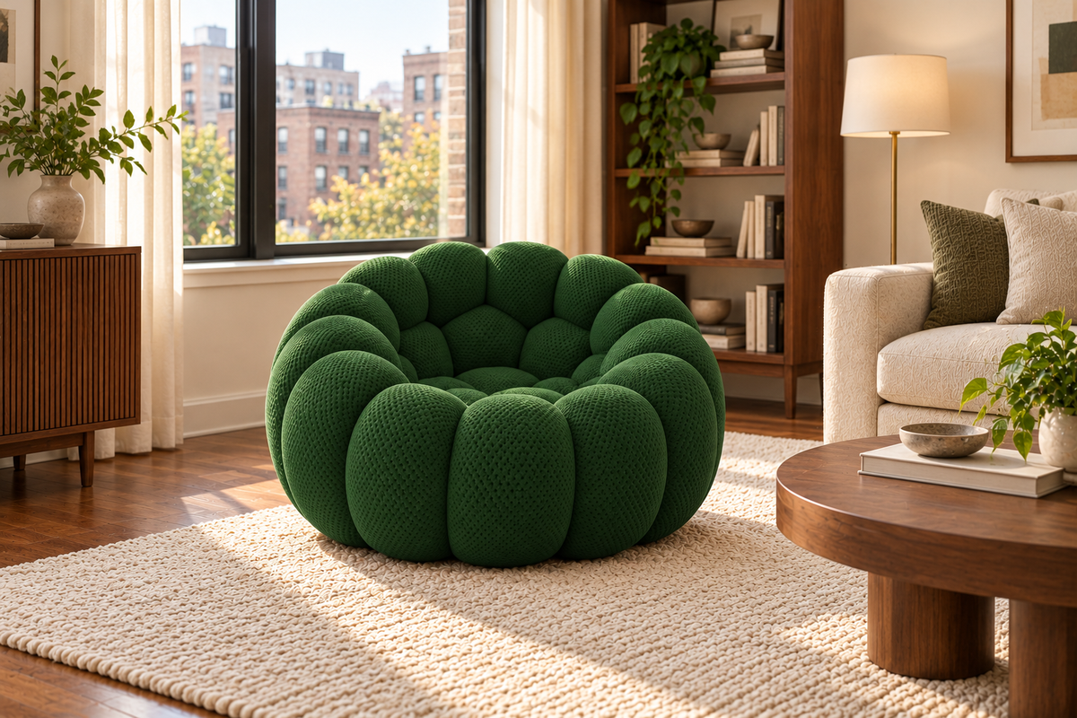The Poffelo Armchair in Forest Green, styled in a living room