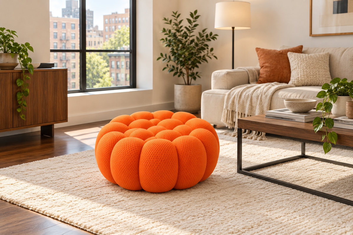The Poffelo Pouf in a warm, inviting living room