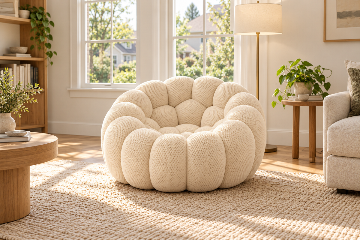 The Poffelo Armchair in Cream, styled in a living room