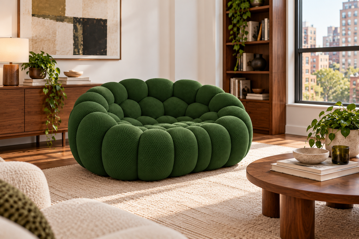 The Poffelo Loveseat in Forest Green, styled in a living room
