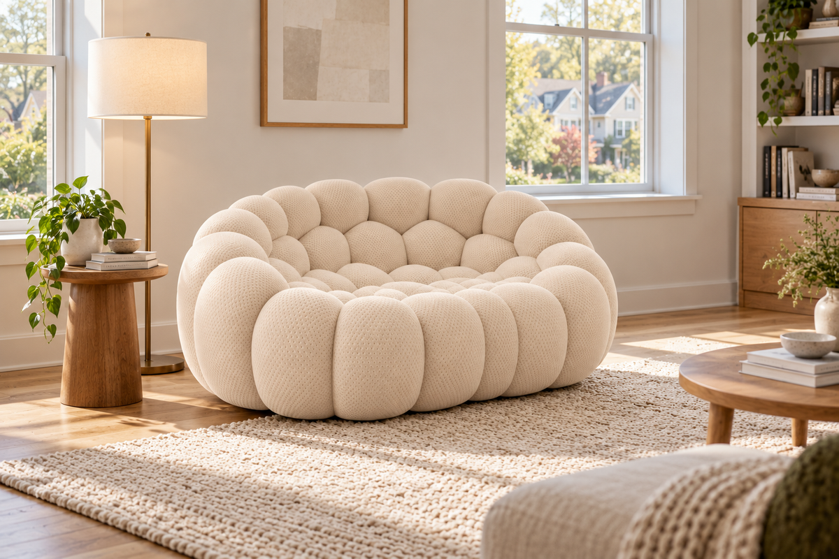 The Poffelo Loveseat in Cream, styled in a living room