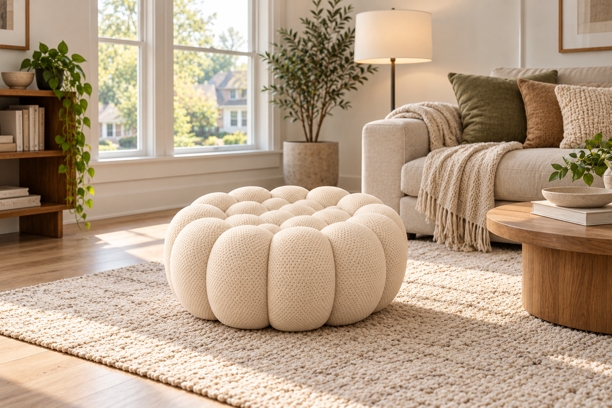 The Poffelo Pouf in Cream, styled in a living room