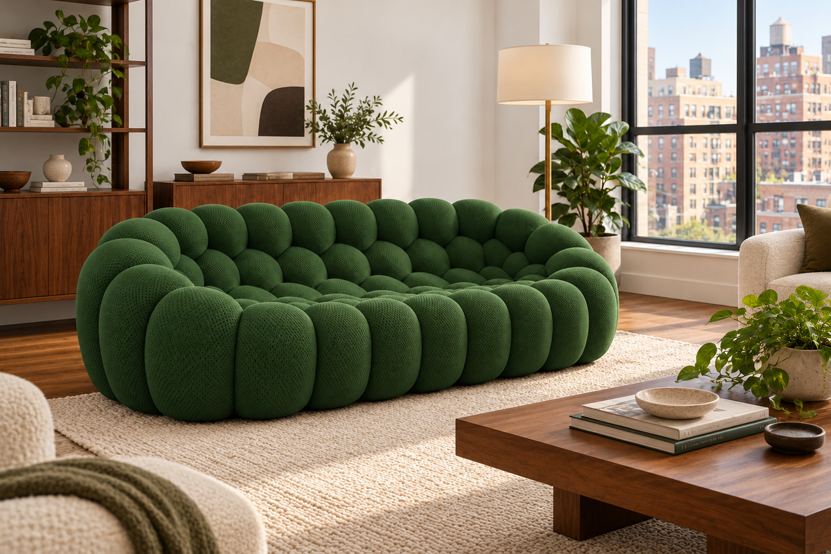 The Poffelo Sofa in Forest Green, styled in a living room